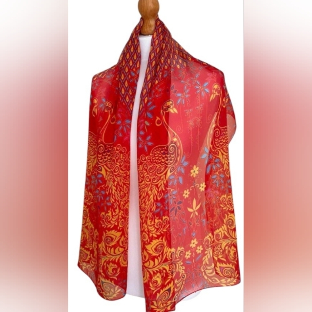 Silk Vintage Peacock Bird Paisley Floral Retro Artsy Whimsical Shaw Scarf